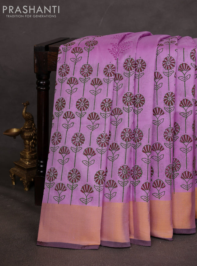 Uppada block printed saree lavender and coffee brown with butta prints and zari woven border