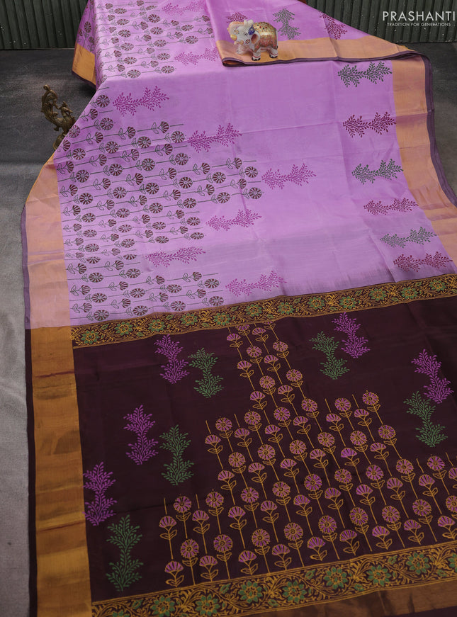 Uppada block printed saree lavender and coffee brown with butta prints and zari woven border