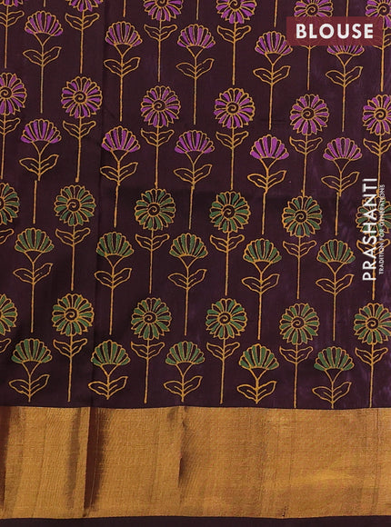 Uppada block printed saree lavender and coffee brown with butta prints and zari woven border