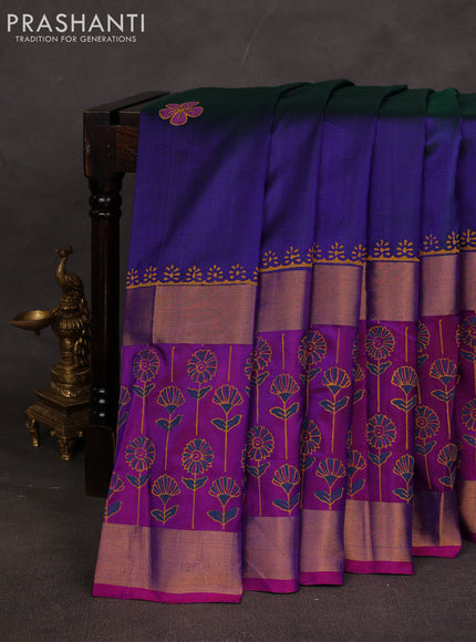 Uppada block printed saree dual shade of bluish green and purple with butta prints and long printed zari woven border