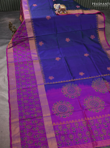 Uppada block printed saree dual shade of bluish green and purple with butta prints and long printed zari woven border