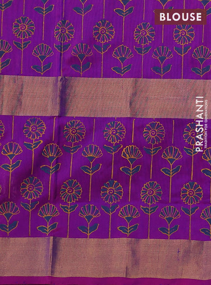 Uppada block printed saree dual shade of bluish green and purple with butta prints and long printed zari woven border