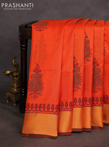 Uppada block printed saree orange and coffee brown with butta prints and zari woven border