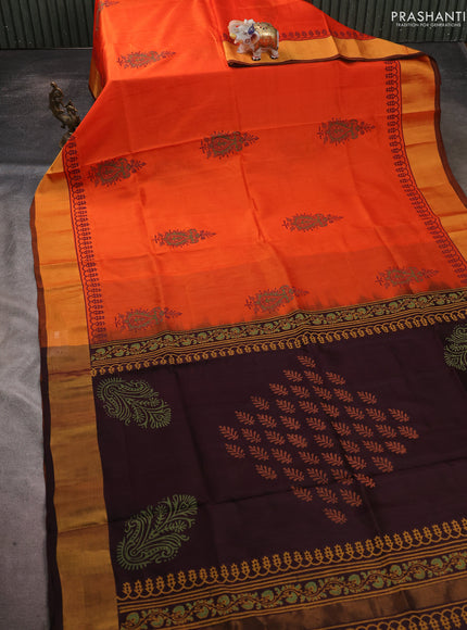 Uppada block printed saree orange and coffee brown with butta prints and zari woven border