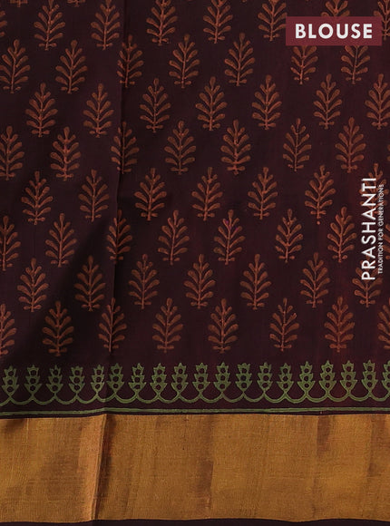 Uppada block printed saree orange and coffee brown with butta prints and zari woven border
