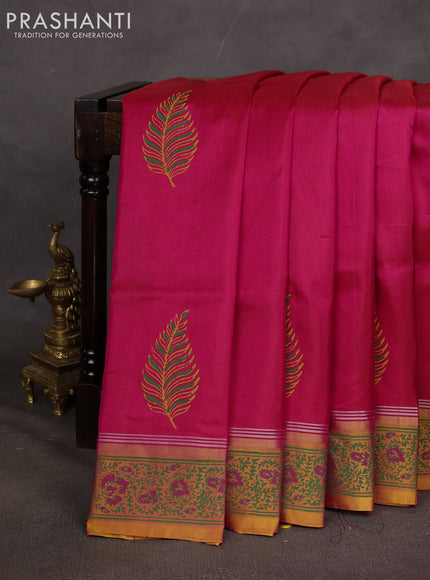 Uppada block printed saree dual shade of pink and mustard yellow with butta prints and printed border