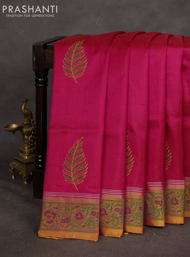 Uppada block printed saree dual shade of pink and mustard yellow with butta prints and printed border