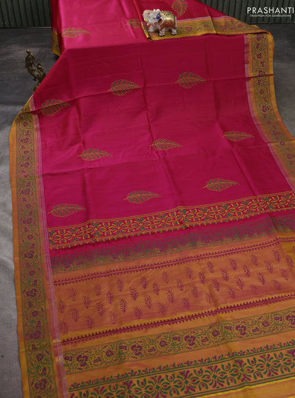 Uppada block printed saree dual shade of pink and mustard yellow with butta prints and printed border