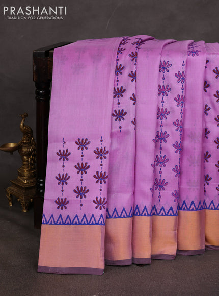 Uppada block printed saree lavender and coffee brown with prints and zari woven border