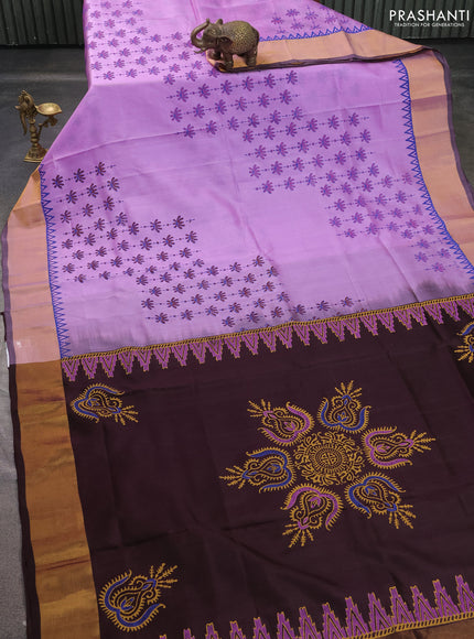 Uppada block printed saree lavender and coffee brown with prints and zari woven border