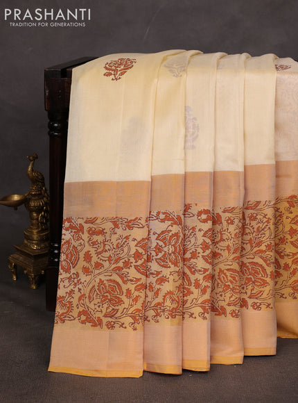 Uppada block printed saree cream and mustard yellow with butta prints and long printed zari woven border