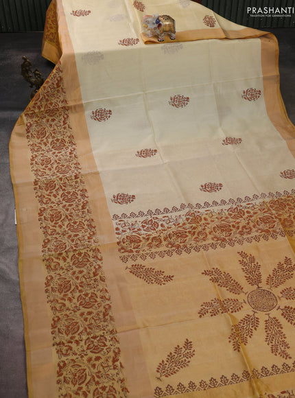 Uppada block printed saree cream and mustard yellow with butta prints and long printed zari woven border