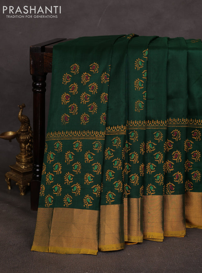 Uppada block printed saree bottle green and mustard yellow with butta prints and long printed zari woven border