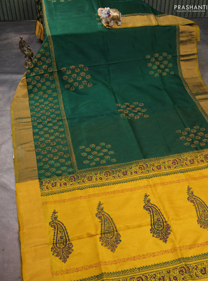 Uppada block printed saree bottle green and mustard yellow with butta prints and long printed zari woven border