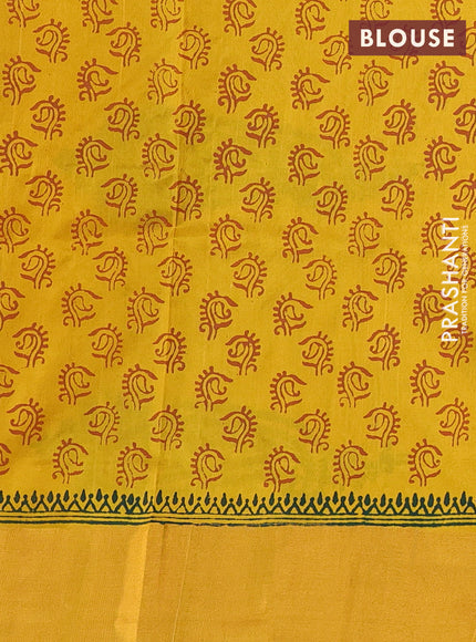 Uppada block printed saree bottle green and mustard yellow with butta prints and long printed zari woven border