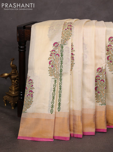 Uppada block printed saree cream and pink with butta prints and zari woven border
