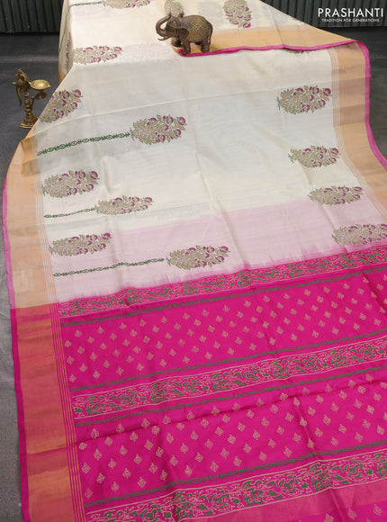 Uppada block printed saree cream and pink with butta prints and zari woven border