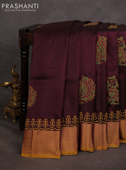 Uppada block printed saree coffee brown and mustard yellow with butta prints and long printed zari woven border