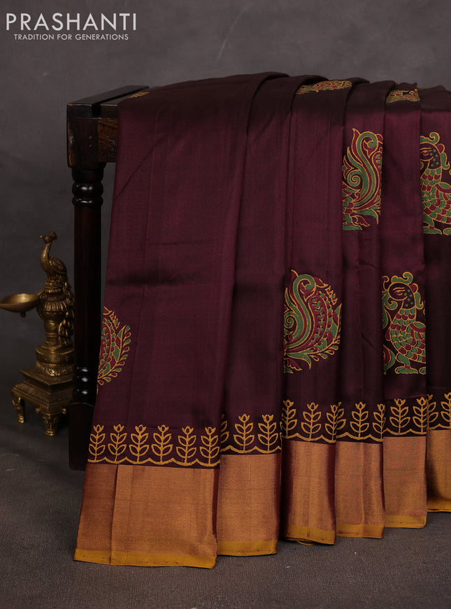 Uppada block printed saree coffee brown and mustard yellow with butta prints and long printed zari woven border