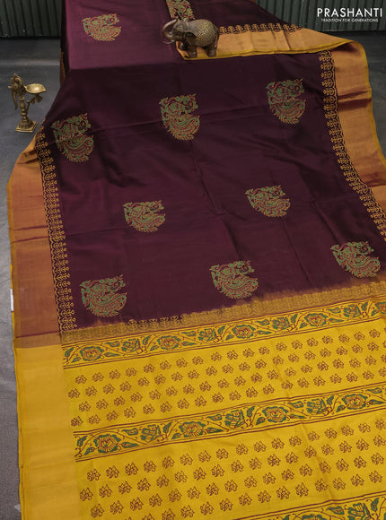 Uppada block printed saree coffee brown and mustard yellow with butta prints and long printed zari woven border