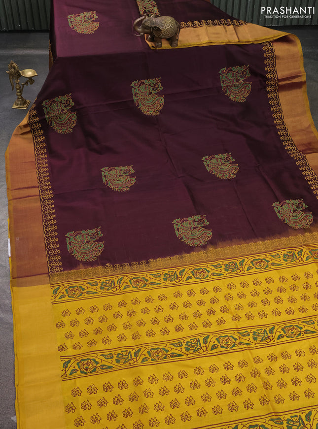 Uppada block printed saree coffee brown and mustard yellow with butta prints and long printed zari woven border