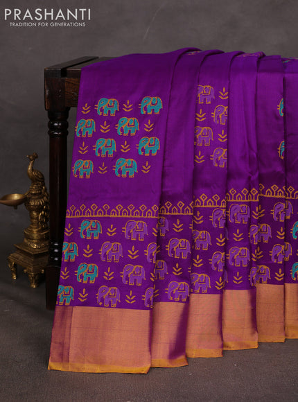 Uppada block printed saree .purple and mustard yellow with butta prints and long printed zari woven border
