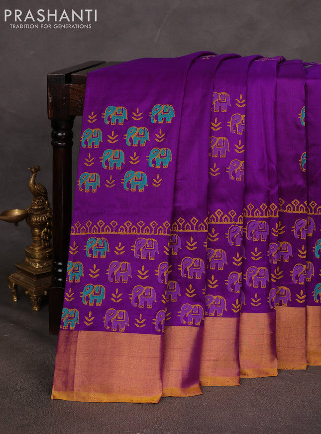 Uppada block printed saree .purple and mustard yellow with butta prints and long printed zari woven border