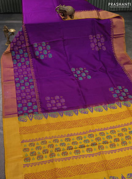 Uppada block printed saree .purple and mustard yellow with butta prints and long printed zari woven border