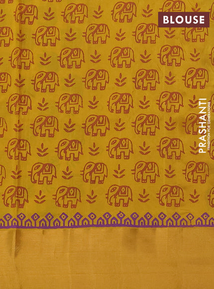 Uppada block printed saree .purple and mustard yellow with butta prints and long printed zari woven border