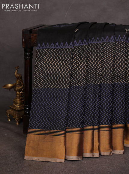 Uppada block printed saree black and beige with butta prints and long printed zari woven border