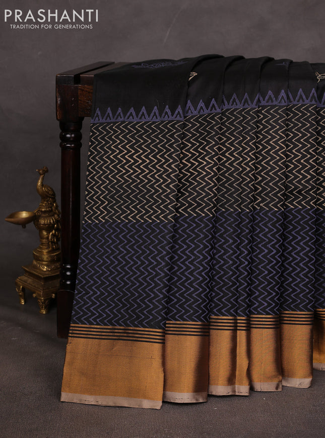 Uppada block printed saree black and beige with butta prints and long printed zari woven border