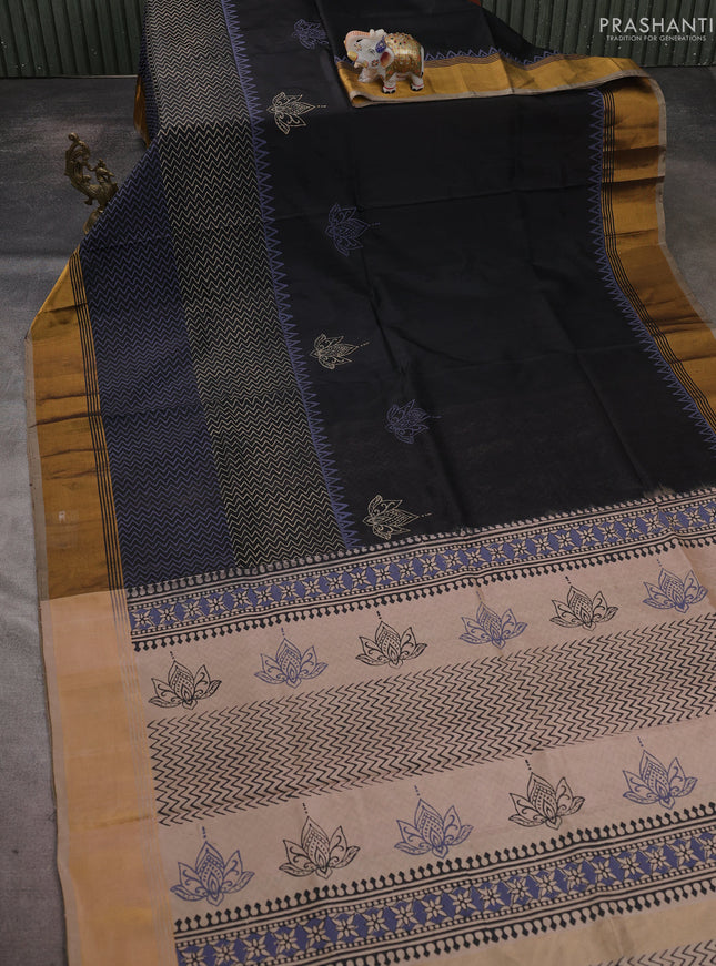 Uppada block printed saree black and beige with butta prints and long printed zari woven border