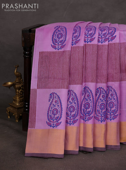Uppada block printed saree lavender and coffee brown with paisley butta prints and zari woven border