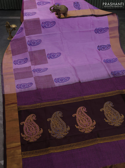 Uppada block printed saree lavender and coffee brown with paisley butta prints and zari woven border