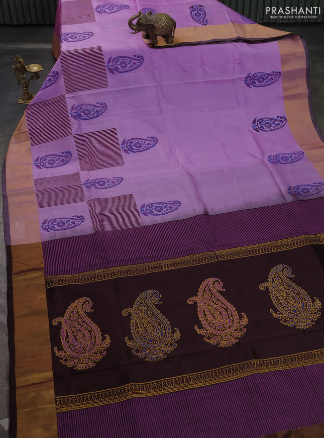 Uppada block printed saree lavender and coffee brown with paisley butta prints and zari woven border