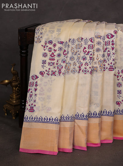 Uppada block printed saree off white and pink with box type butta prints and zari woven border
