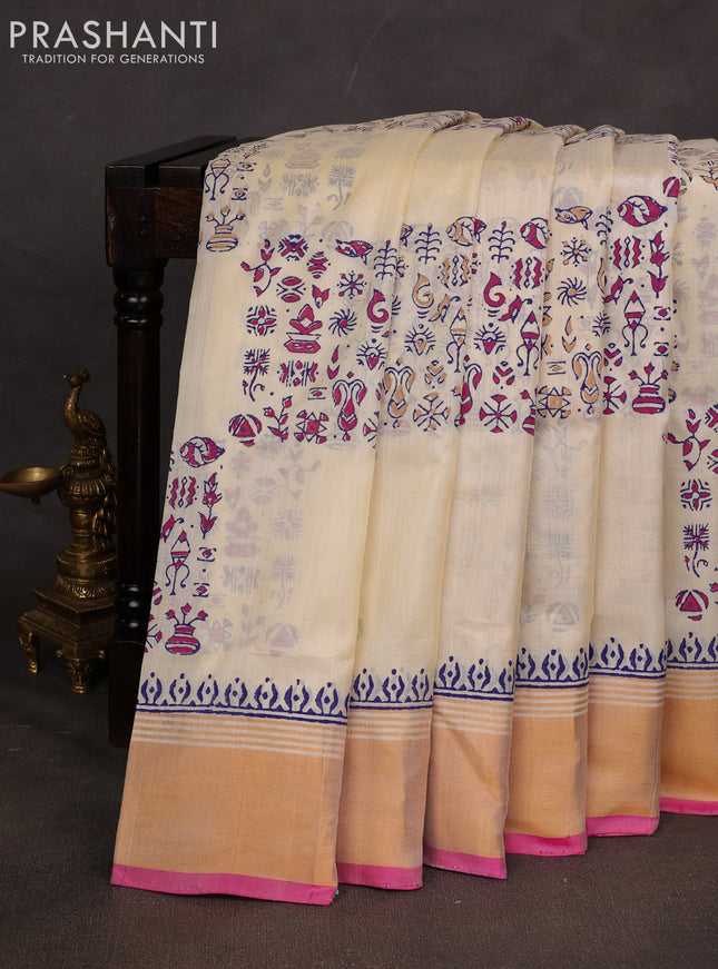 Uppada block printed saree off white and pink with box type butta prints and zari woven border