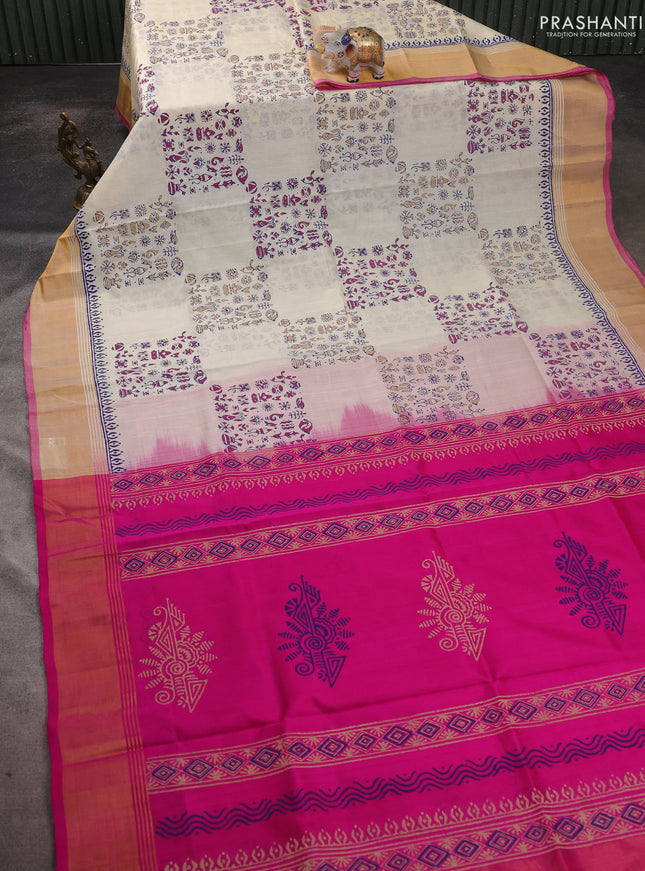 Uppada block printed saree off white and pink with box type butta prints and zari woven border