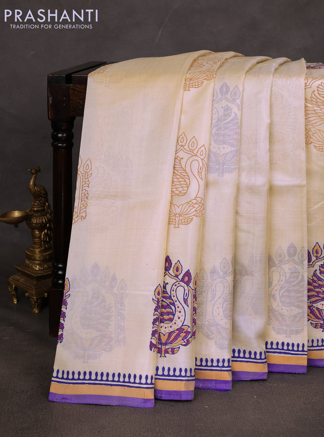 Uppada block printed saree off white and violet with butta prints and printed border