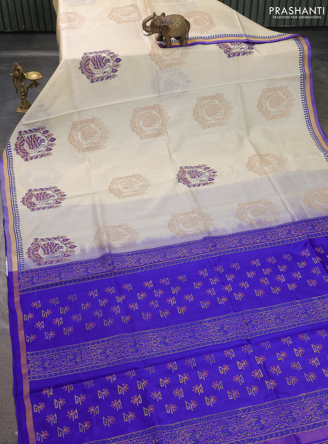 Uppada block printed saree off white and violet with butta prints and printed border