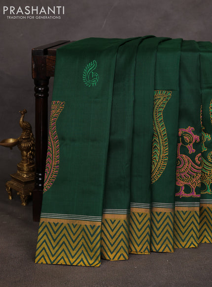 Uppada block printed saree bottle green and dual shade of yellow with annam butta prints and printed border