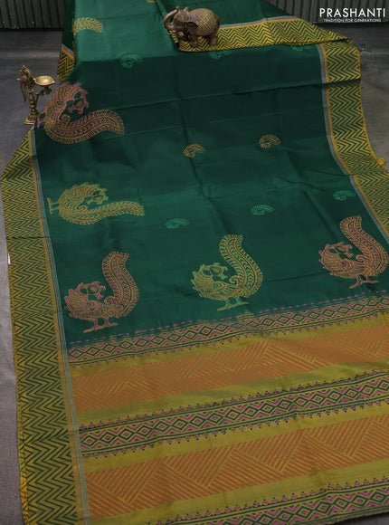 Uppada block printed saree bottle green and dual shade of yellow with annam butta prints and printed border