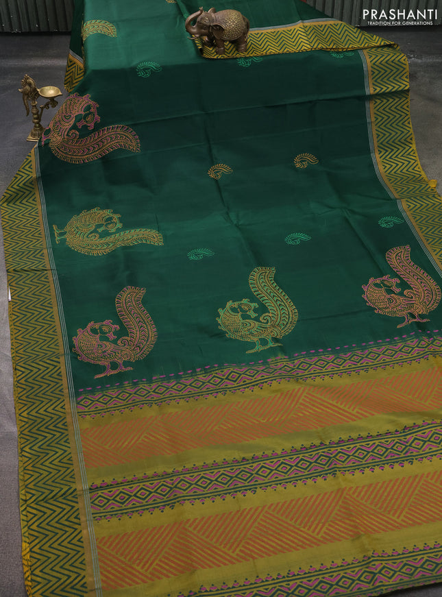 Uppada block printed saree bottle green and dual shade of yellow with annam butta prints and printed border