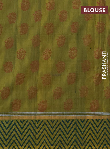 Uppada block printed saree bottle green and dual shade of yellow with annam butta prints and printed border