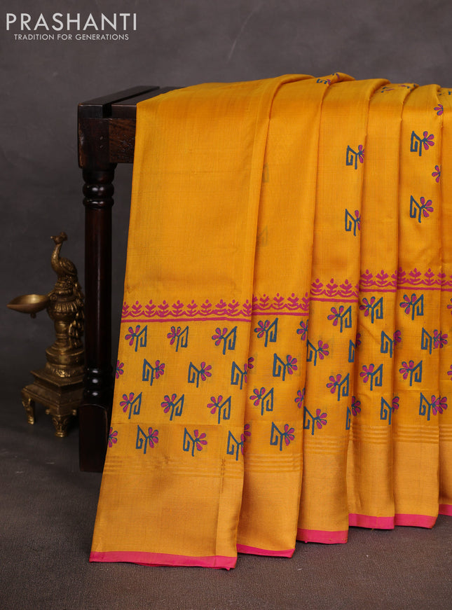Uppada block printed saree mustard yellow and pink with butta prints and long printed zari woven border