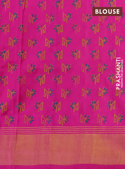 Uppada block printed saree mustard yellow and pink with butta prints and long printed zari woven border