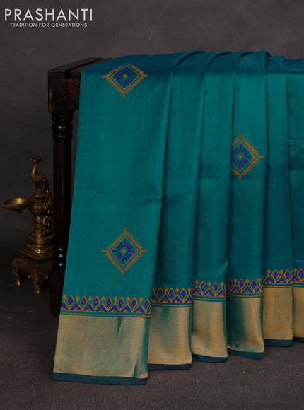 Uppada block printed saree teal green and navy blue with butta prints and zari woven border
