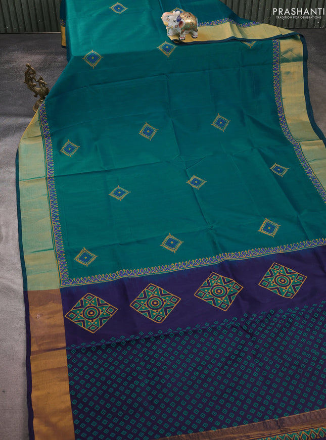 Uppada block printed saree teal green and navy blue with butta prints and zari woven border