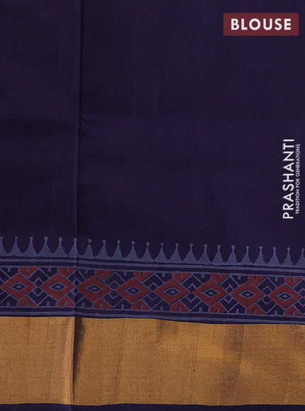 Uppada block printed saree greyish blue and navy blue with prints and zari woven border