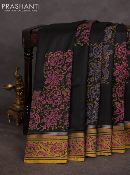 Uppada block printed saree black and mustard yellow with kalamkari prints and printed border